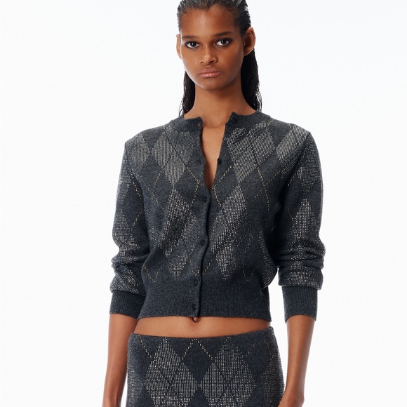 Alexander Wang NWOT crystal hotfix wool-blend argyle cardigan - Picture 1 of 5